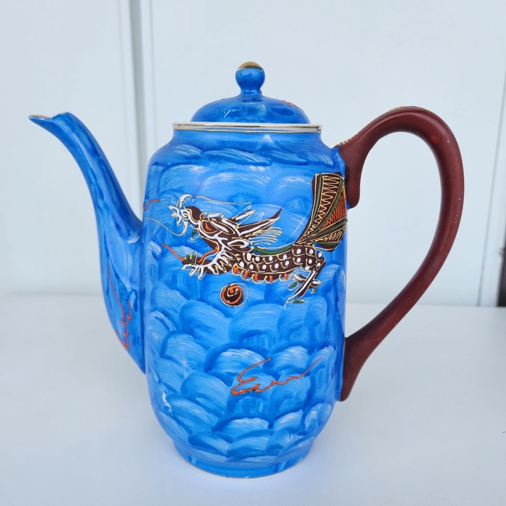 Japanese Moriage Dragon Geisha Lithophane Blue Hand Painted Tea Pot